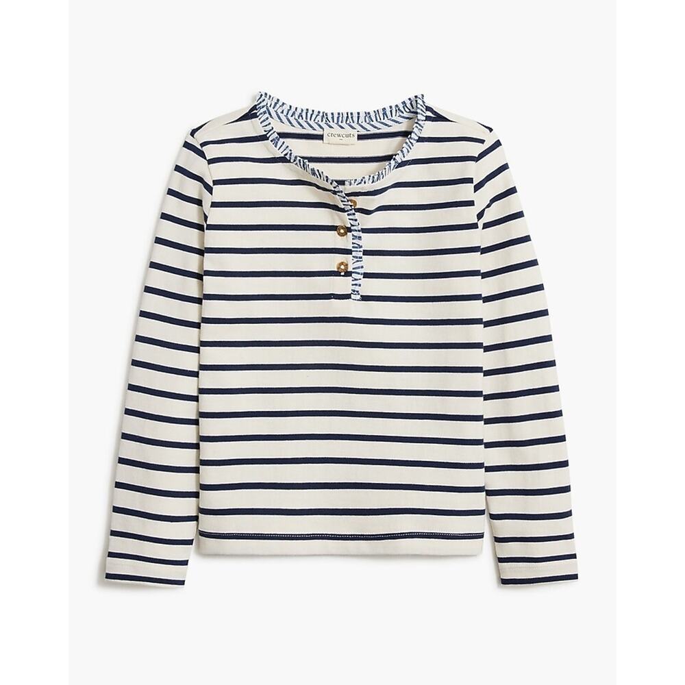 Crewcuts Girl T Shirt L 10-11 Cotton White Navy Striped Ruffles Long Sleeve Top